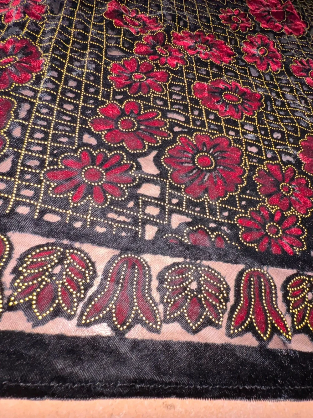 Vintage burnout velvet scarf/shawl in vibrant gold & red floral designs